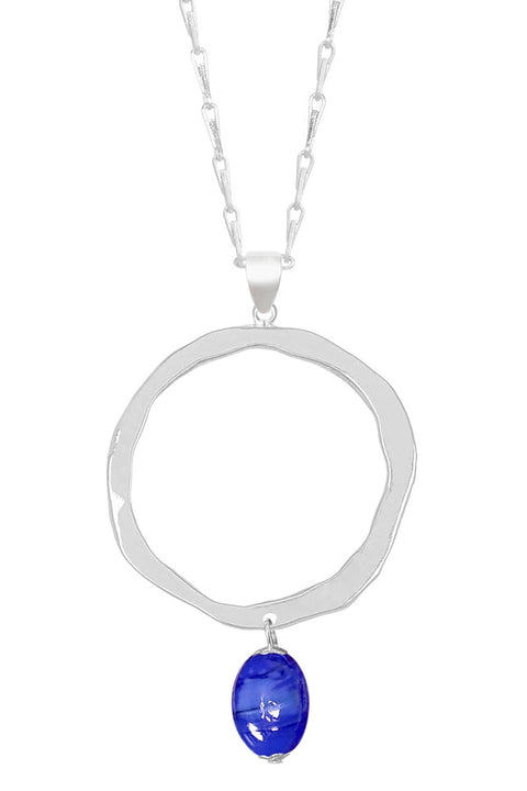 Blue Murano Glass & Hammered Hoop Pendant Necklace - SF