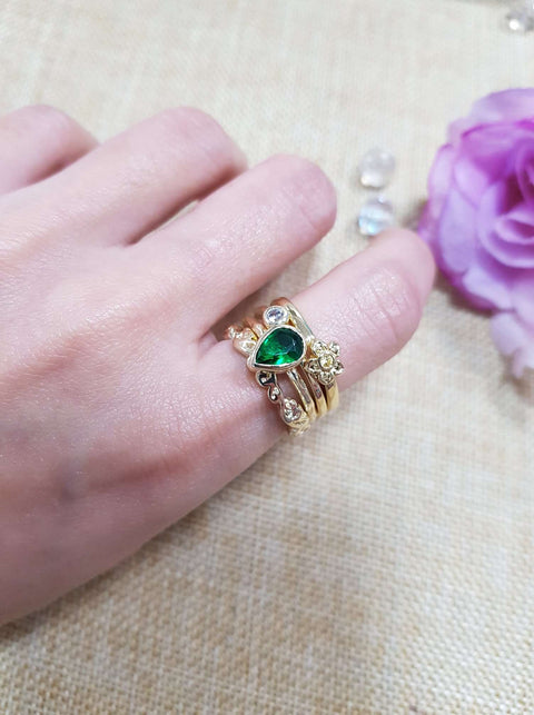 Emerald CZ & Flower Stack Ring Set - GF