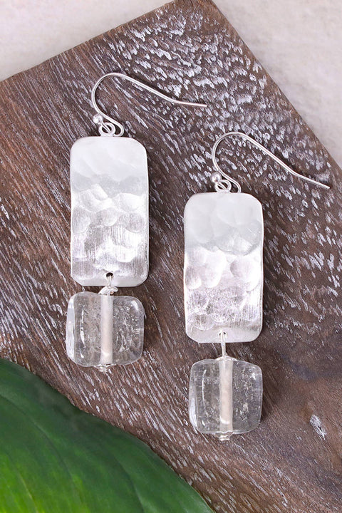 Clear Murano Glass & Hammered Rectangle Drop Earrings - SF