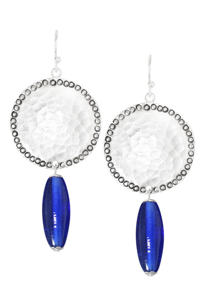 Blue Murano Glass & Hammered Coin Drop Earrings - SF