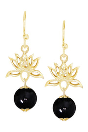 Black Murano Glass & Lotus Drop Earrings - GF