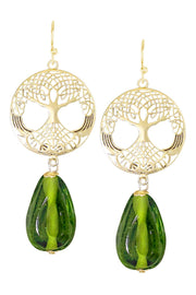 Peridot Murano Glass & Tree Of Life Drop Earrings - GF