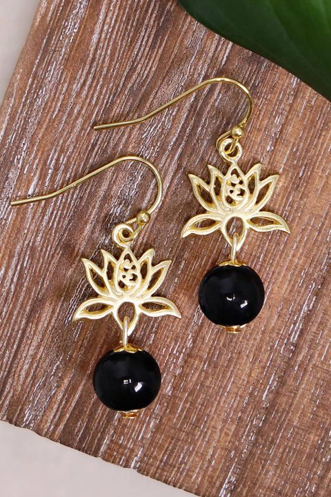 Black Murano Glass & Lotus Drop Earrings - GF