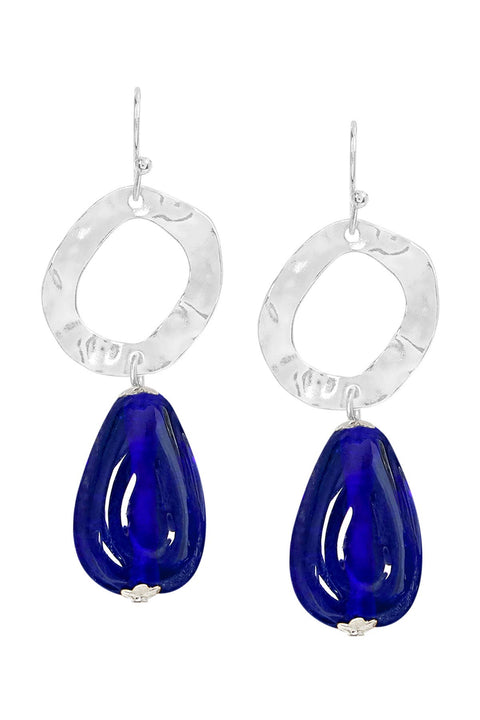 Blue Murano Glass & Hammered Hoop Drop Earrings - SF