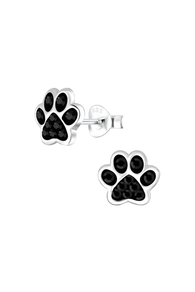 Sterling Silver & Black Crystal Paw Print Stud Earrings - SS