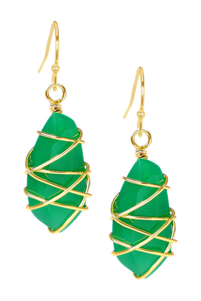 Green Chalcedony Crystal Wire Wrapped Drop Earrings - GF