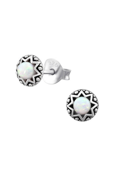 Sterling Silver Round Ear Studs With Opal - SS