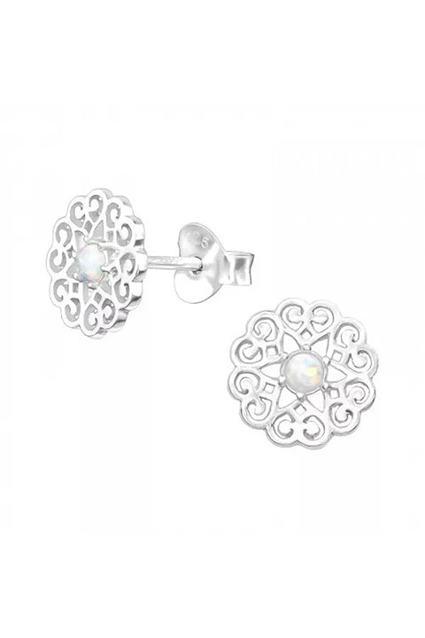 Sterling Silver Filigree Ear Studs With Opal - SS