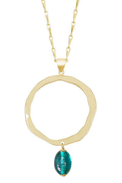 Teal Murano Glass & Hammered Hoop Pendant Necklace - GF