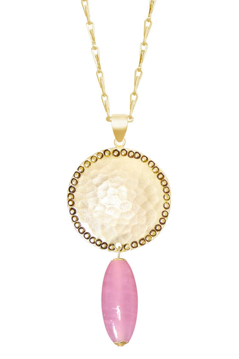 Pink Murano Glass & Hammered Coin Pendant Necklace - GF