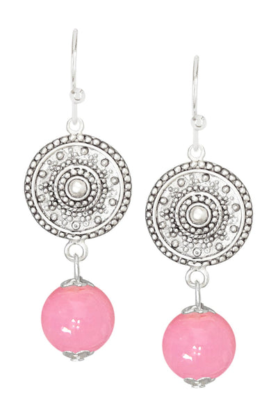 Pink Murano Glass & Mandala Disc Drop Earrings - SF