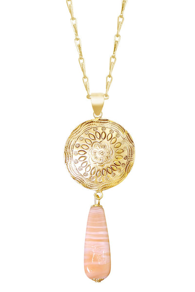 Peach Murano Glass & Floral Hammered Disc Necklace - GF