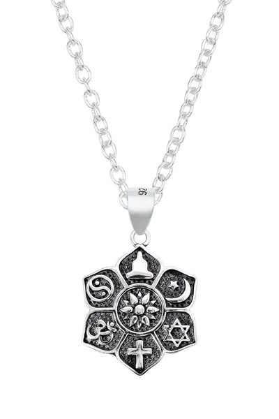 Sterling Silver Coexist Harmony Lotus Pendant Necklace - SS