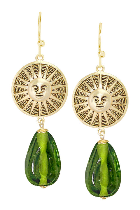 Peridot Murano Glass & Aztec Sun Drop Earrings - GF