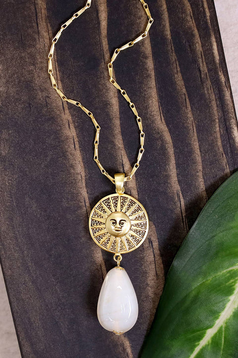 White Murano Glass & Aztec Sun Pendant Necklace - GF