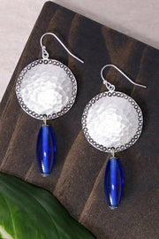 Blue Murano Glass & Hammered Coin Drop Earrings - SF