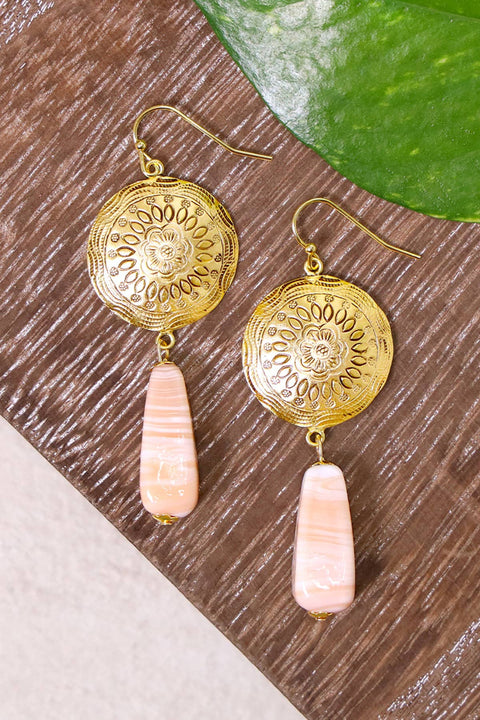 Peach Murano Glass & Floral Hammered Disc Drop Earrings - GF