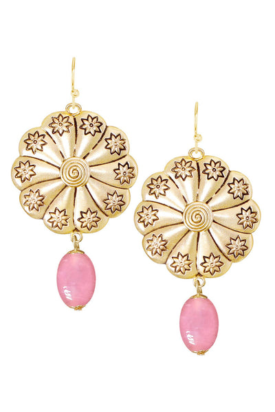 Pink Murano Glass & Hammered Floral Disc Drop Earrings - GF