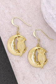 14k Gold Plated Moon & Owl Drop Earrings - GF