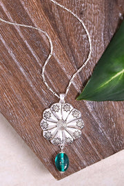 Teal Murano Glass & Hammered Floral Disc Necklace - SF