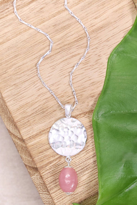 Pink Murano Glass & Hammered Disc Pendant Necklace - SF