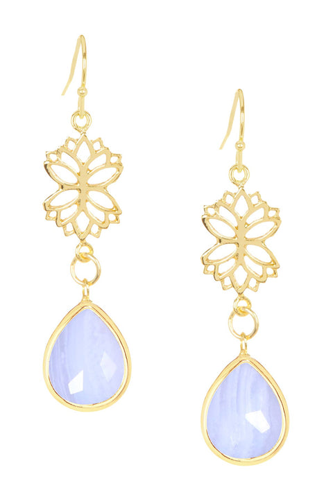 Blue Lace Agate & Lotus Drop Earrings - GF