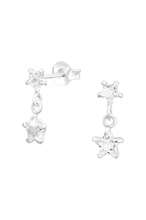 Sterling Silver Hanging Star Ear Studs With CZ - SS