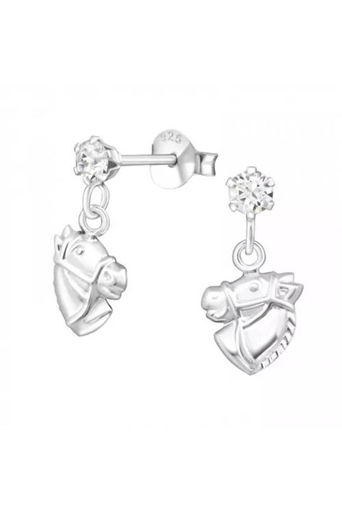 Sterling Silver Ear Studs with Hanging Horse & Crystals - SS