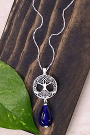 Blue Murano Glass & Tree Of Life Pendant Necklace - SF