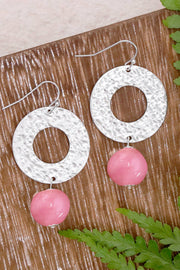 Pink Murano Glass & Hammered Circle Drop Earrings - SF