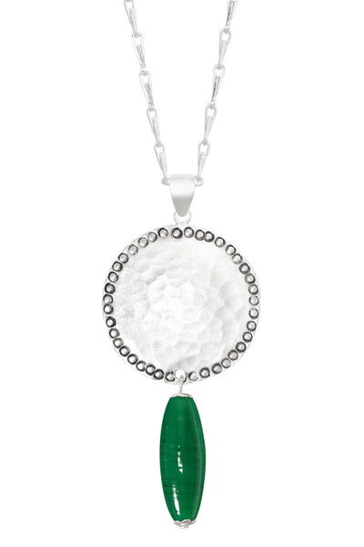 Green Murano Glass & Hammered Coin Pendant Necklace - SF