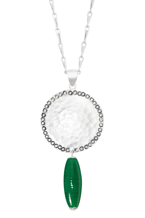 Green Murano Glass & Hammered Coin Pendant Necklace - SF