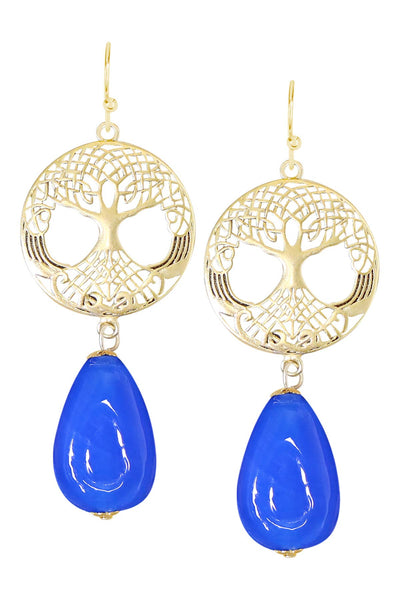 Blue Murano Glass & Tree Of Life Drop Earrings - GF