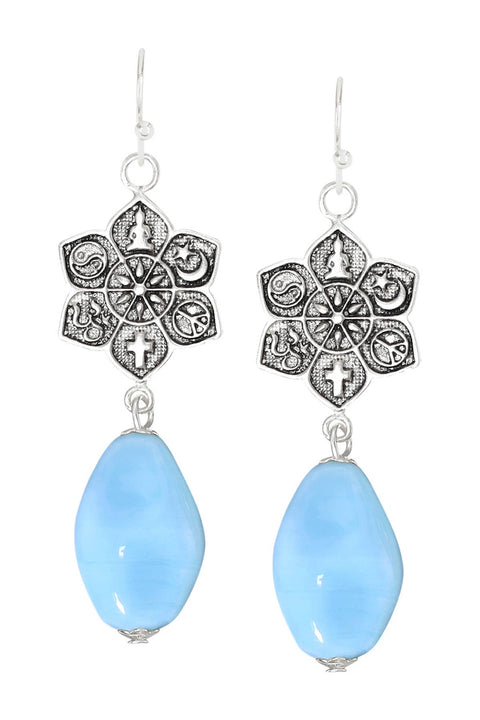 Blue Murano Glass & Coexist Harmony Lotus Drop Earrings - SF