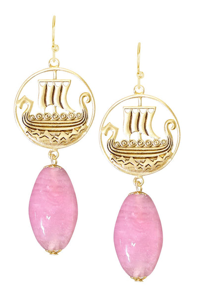 Pink Murano Glass & Viking Ship Drop Earrings - GF