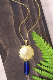 Blue Murano Glass & Hammered Coin Pendant Necklace - GF