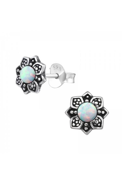 Sterling Silver Flower Ear Studs With Opal - SS