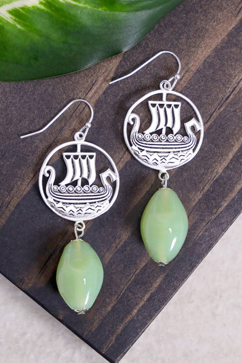 Green Murano Glass & Viking Ship Drop Earrings - SF