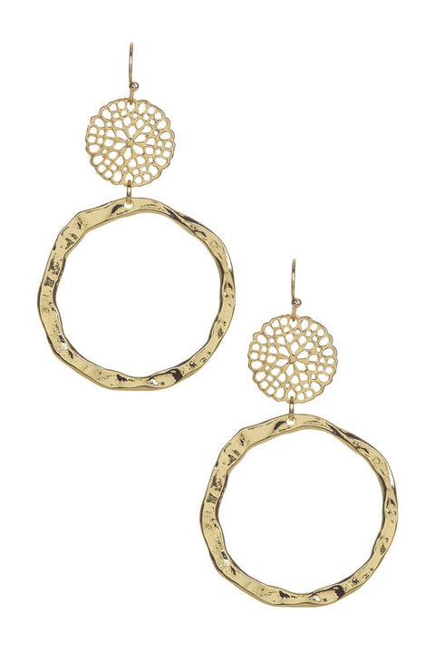 Filigree Daisy Disc & Irregular Hoop Drop Earrings - GF