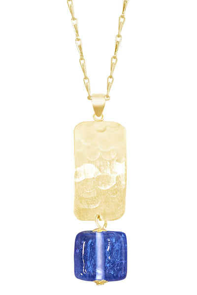 Tanzanite Murano Glass & Hammered Rectangle Necklace - GF