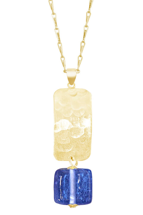 Tanzanite Murano Glass & Hammered Rectangle Necklace - GF