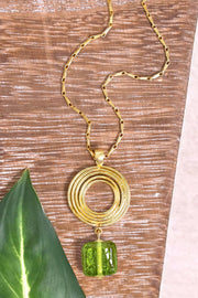 Peridot Murano Glass & Swirl Disc Pendant Necklace - GF