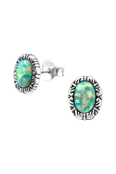 Sterling Silver Oval Ear Studs With Opal - SS