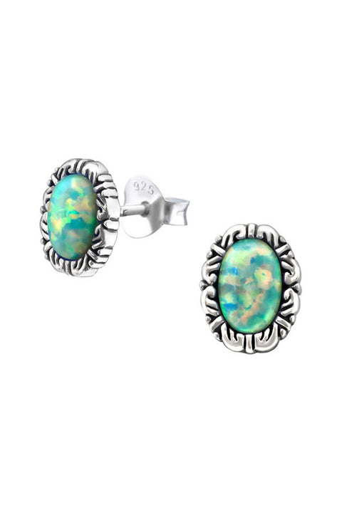 Sterling Silver Oval Ear Studs With Opal - SS