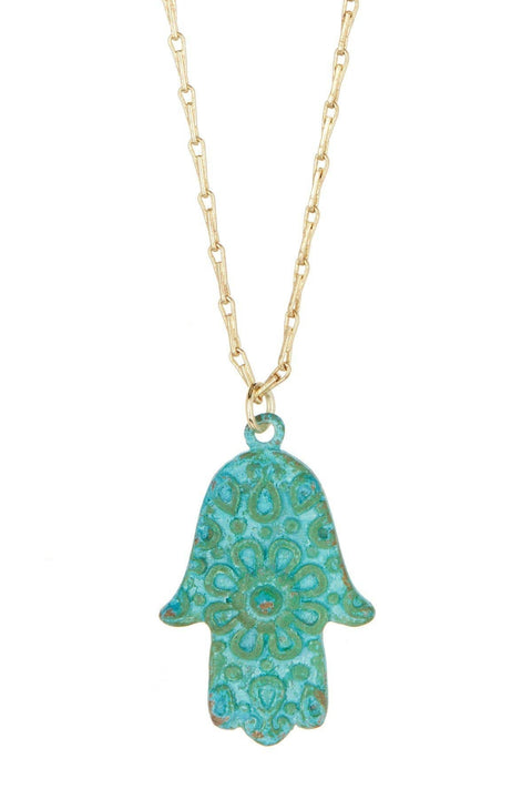 Natural Verdigris Patina Over Brass Hamsa Necklace - GF