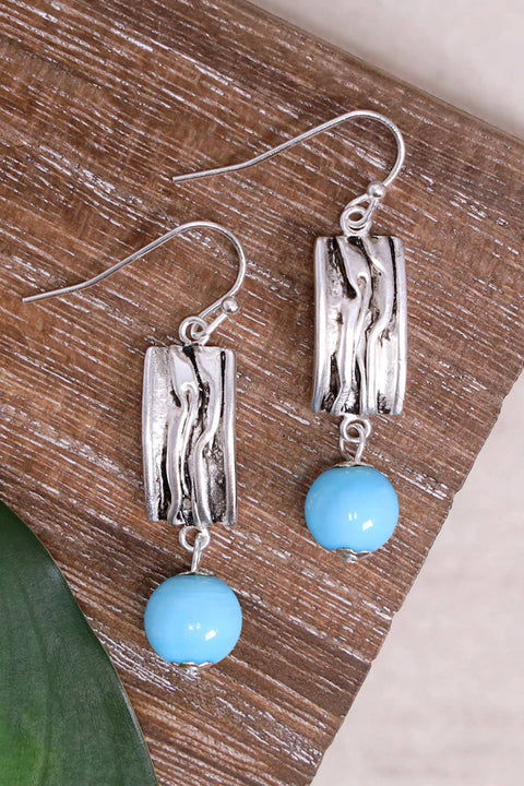 Blue Murano Glass & Textured Rectangle Drop Earrings - SF