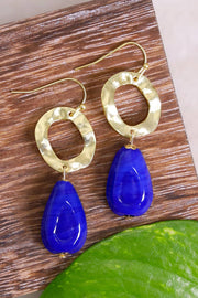 Blue Murano Glass & Hammered Hoop Drop Earrings - GF