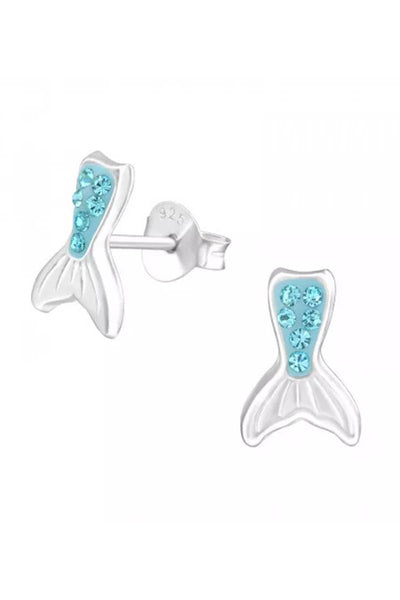 Sterling Silver Mermaid Tail Ear Studs with Crystal - SS