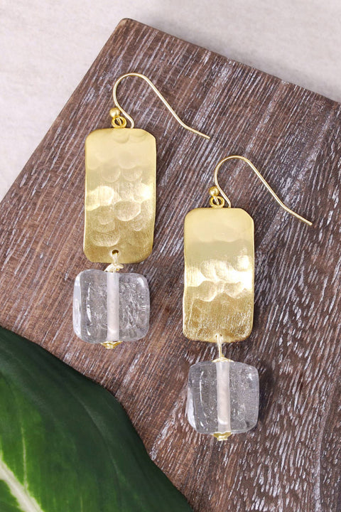 Clear Murano Glass & Hammered Rectangle Drop Earrings - GF