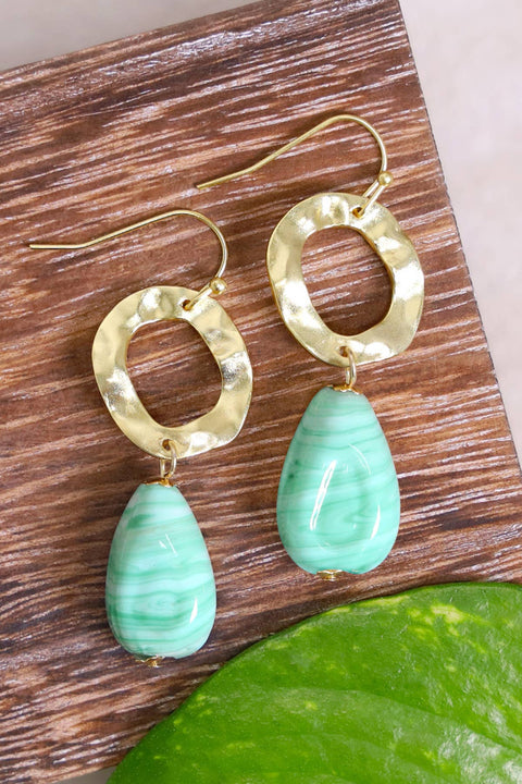 Green Murano Glass & Hammered Hoop Drop Earrings - GF